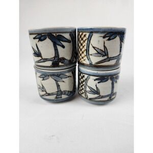 Vintage Japanese Style Stoneware Sake Cups Set of 4 Blue Bamboo Ceramic Tea Cups